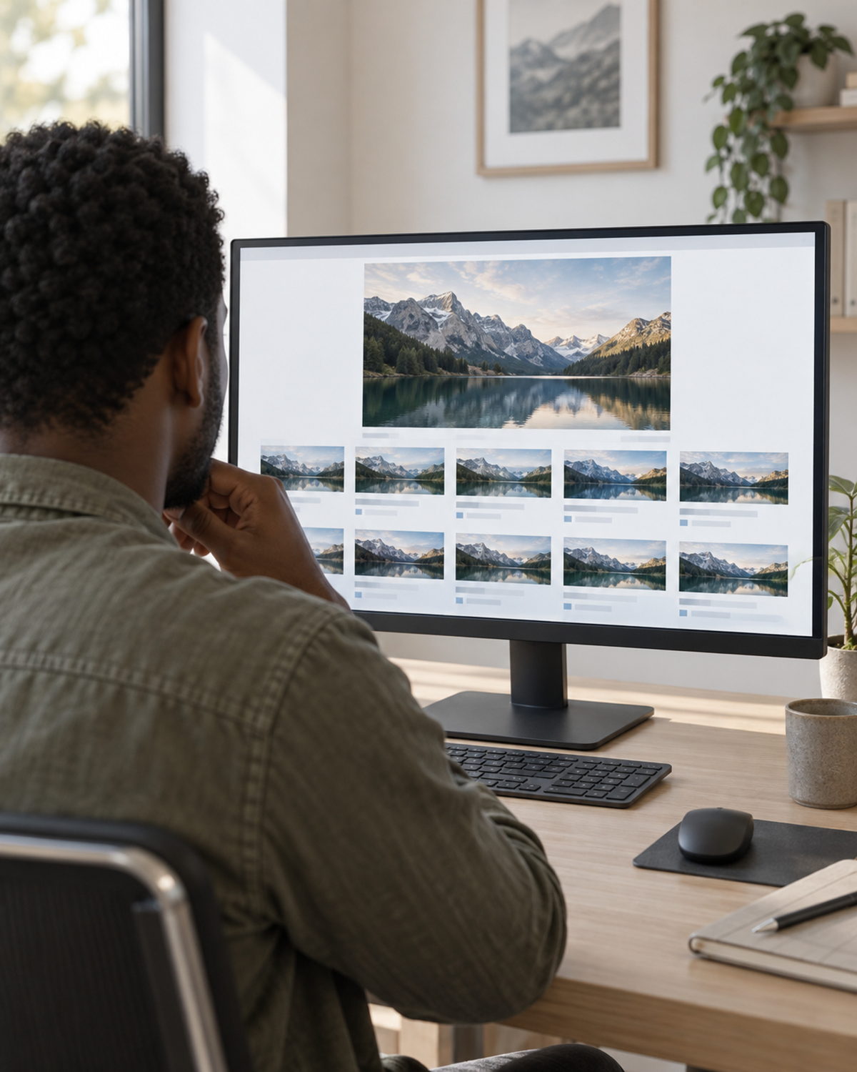 Iemand bekijkt op een groot scherm de uitkomst van een omgekeerde beeldzoekopdracht: dezelfde foto op een rij websites