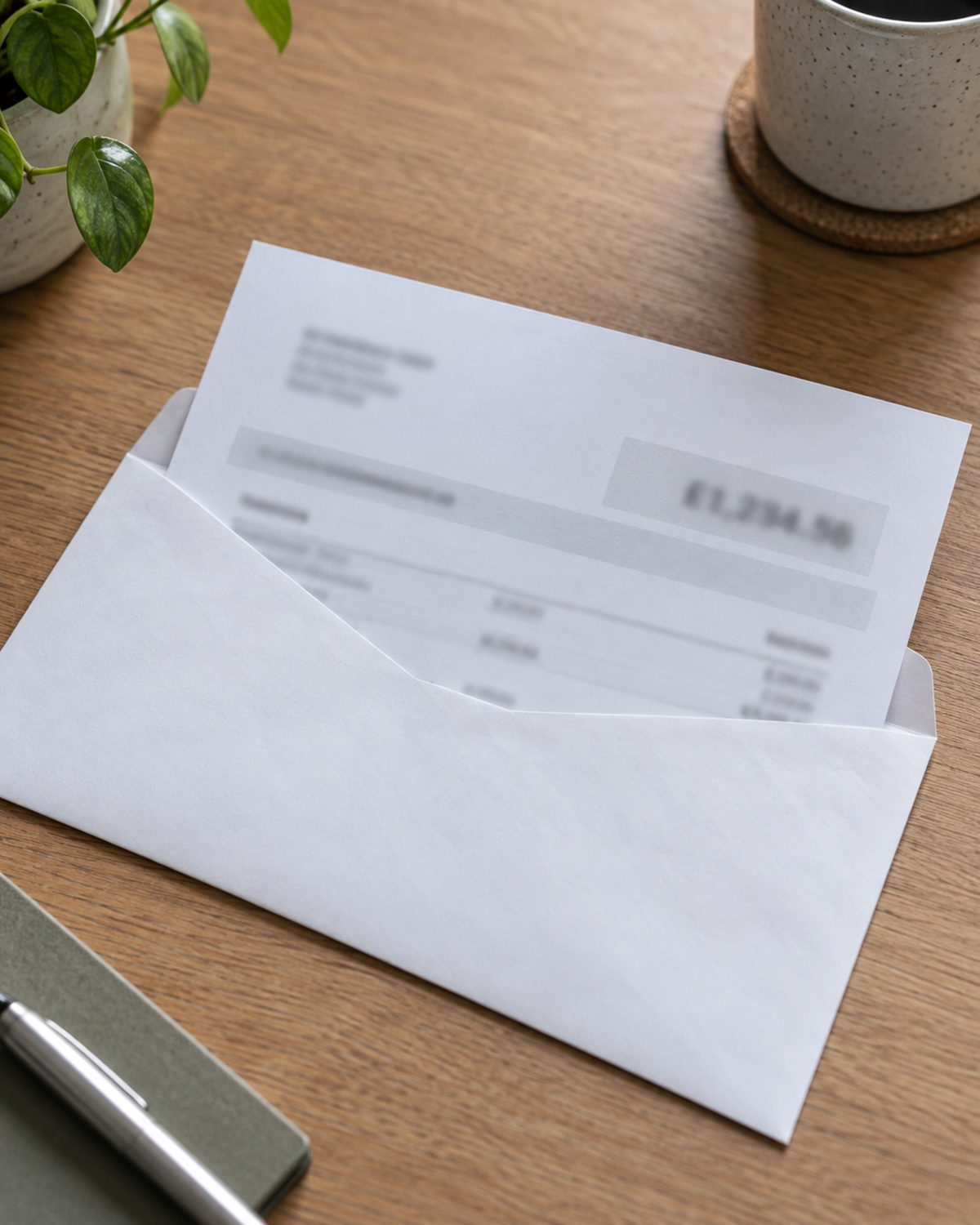 Een aanmaningsbrief die half uit de envelop steekt, met een bedrag op de regel