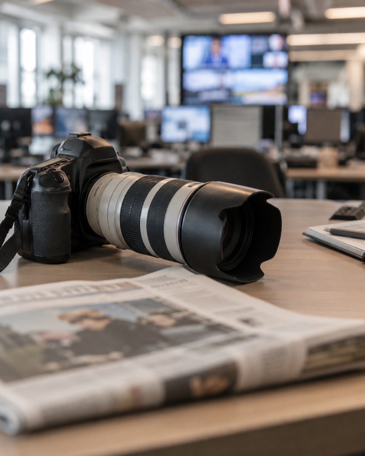 Een fotocamera met telelens op een redactietafel, naast een opengeslagen krant