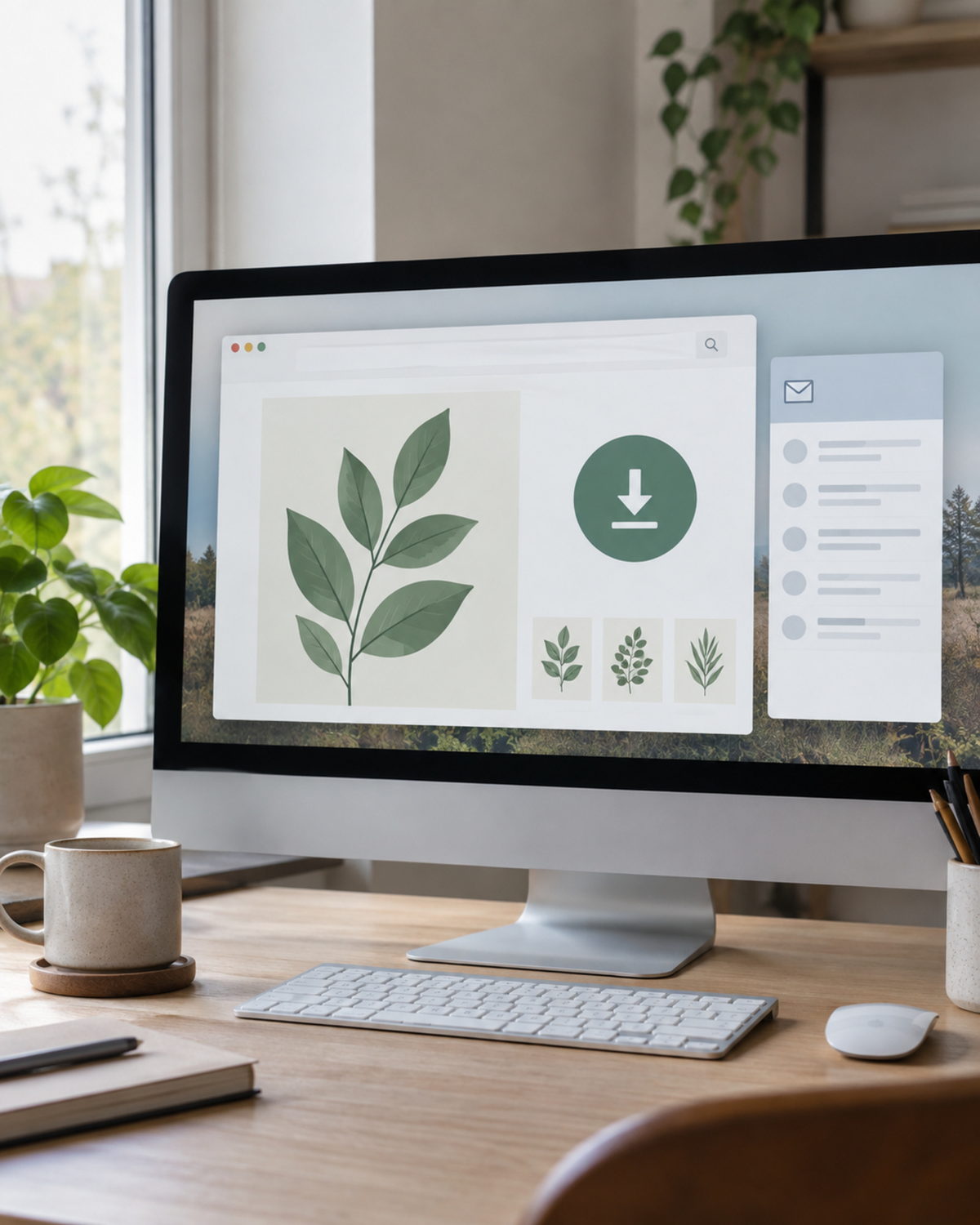 Een site met gratis illustraties en een downloadknop, geopend op een beeldscherm