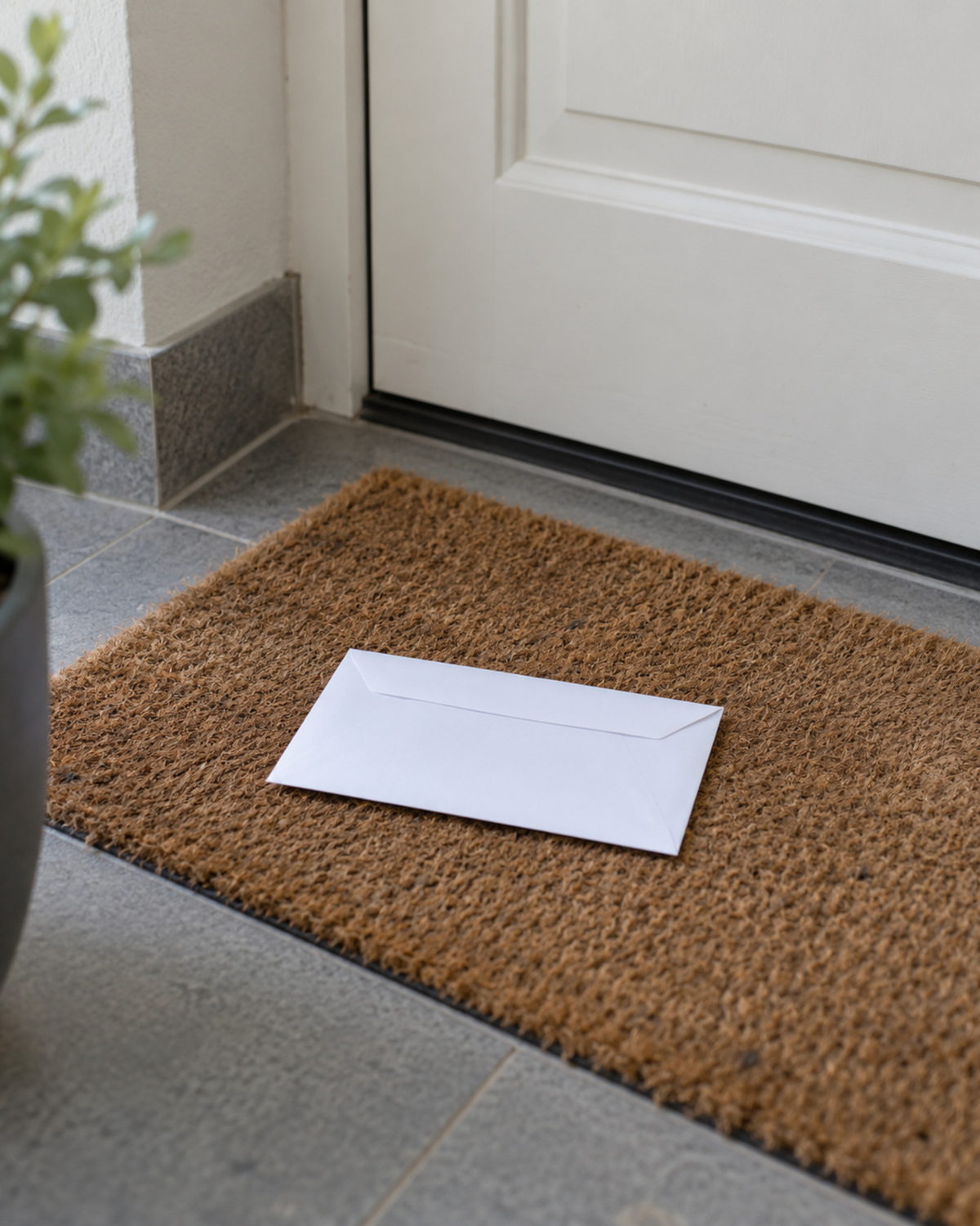 Een witte envelop op de deurmat bij de voordeur