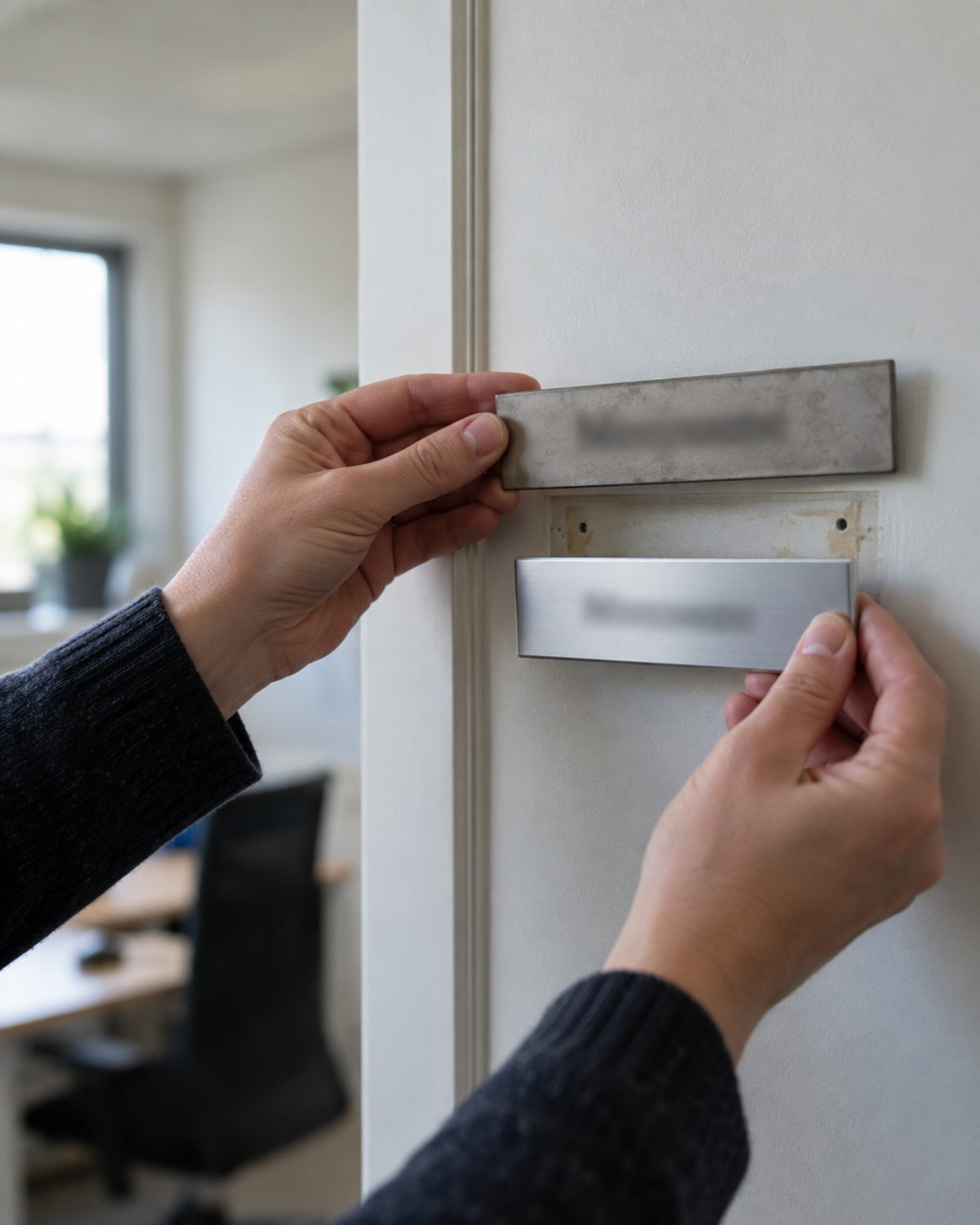 Twee handen vervangen een naambordje bij een kantoordeur door een nieuw bordje