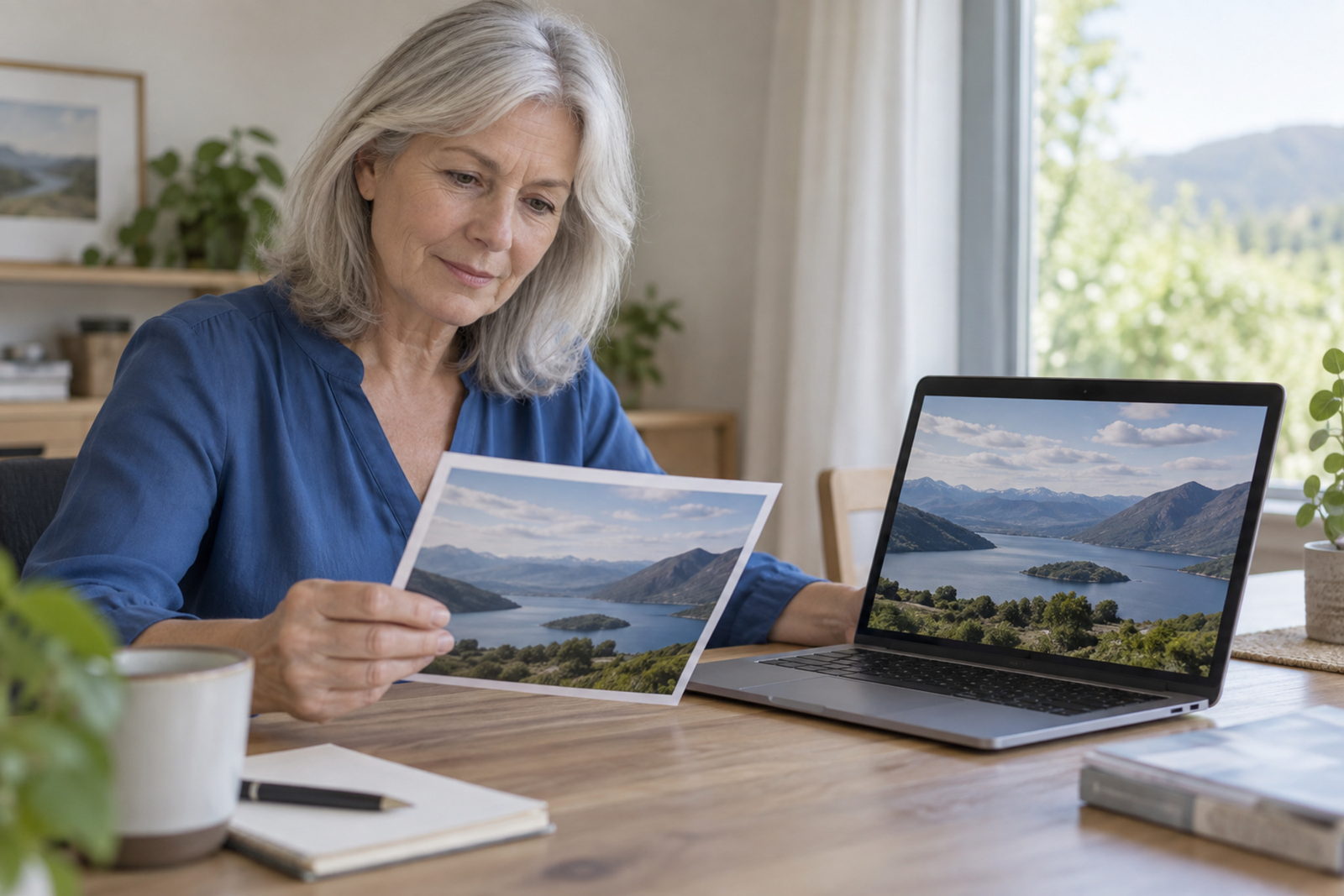 Iemand legt een afdruk van een foto naast hetzelfde beeld op haar laptop om ze te vergelijken