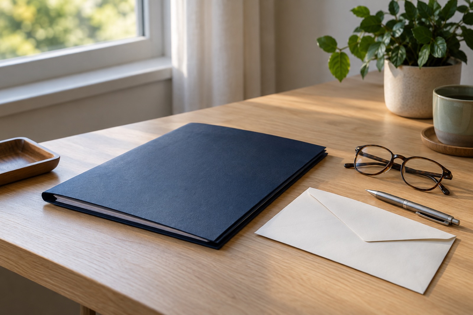 Een donkerblauwe dossiermap, envelop, pen en leesbril op een houten bureau