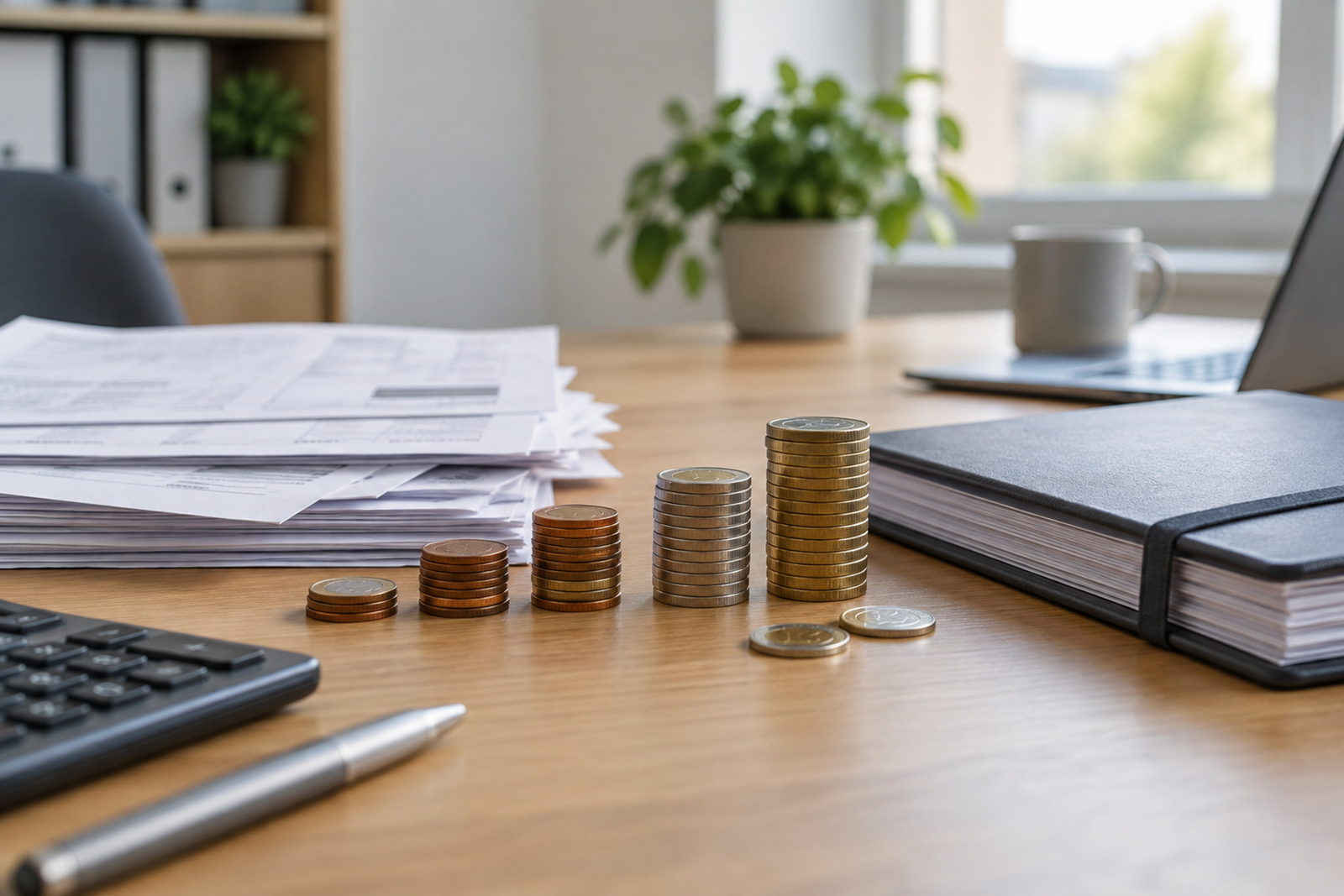 Stapels papier, stapeltjes munten en een rekenmachine naast elkaar op een bureau