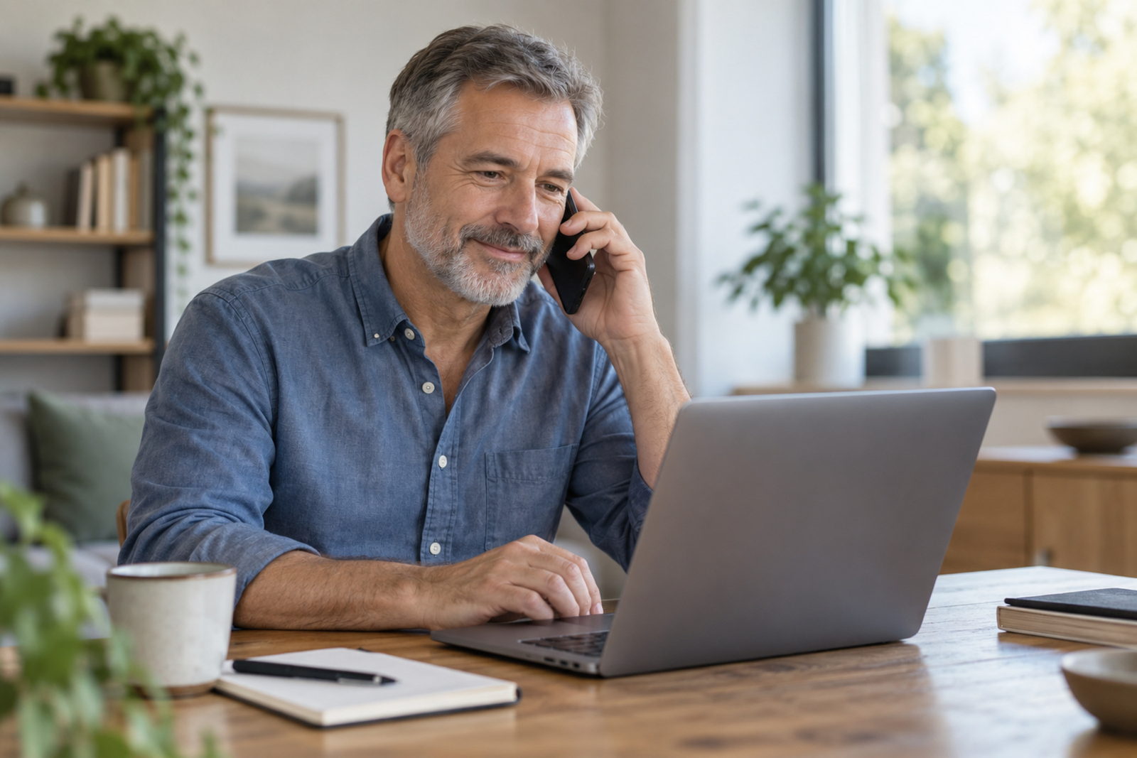 Iemand zoekt achter zijn laptop iets op en belt tegelijk