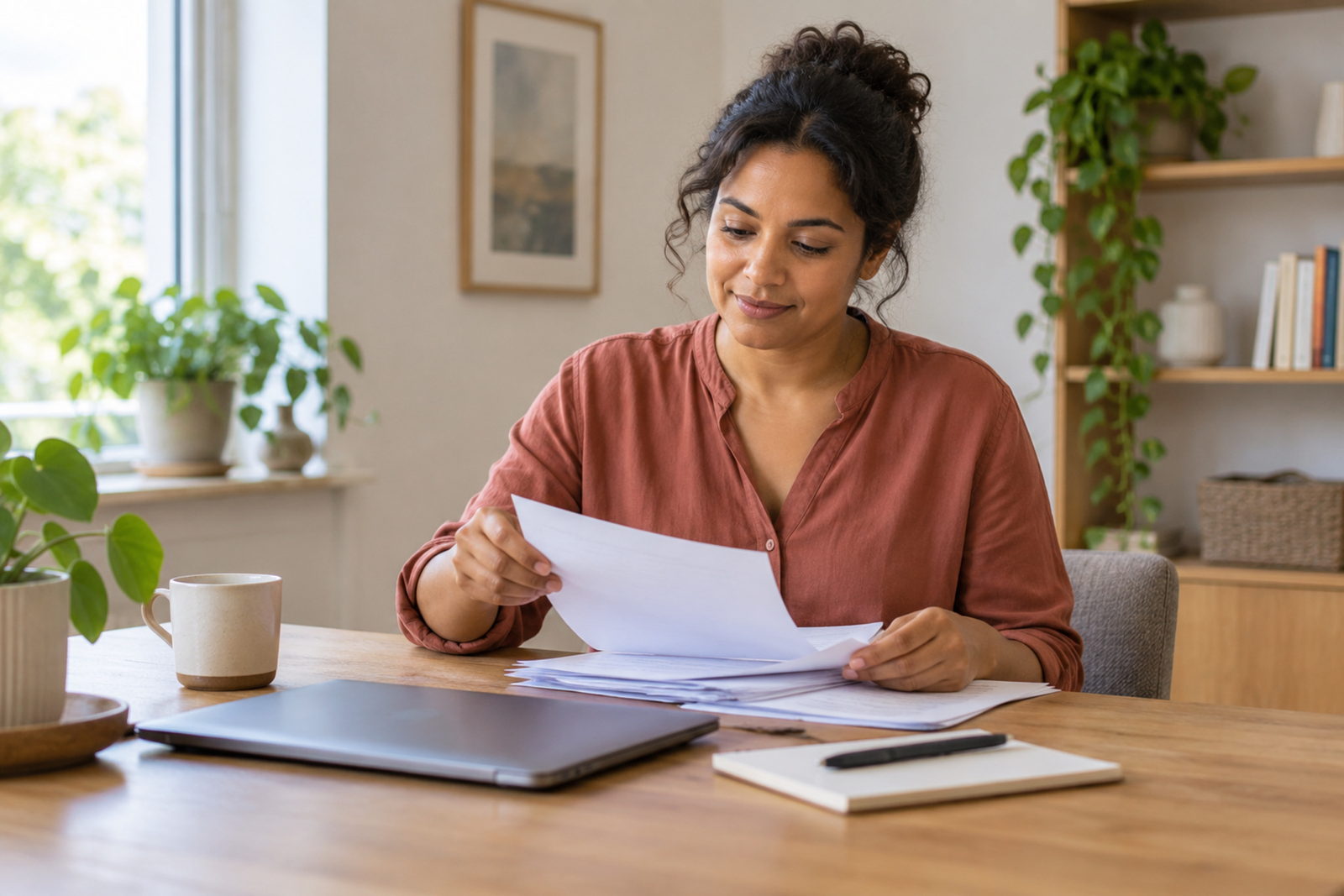 Iemand leest aan tafel rustig een brief door, met een dichtgeklapte laptop ernaast